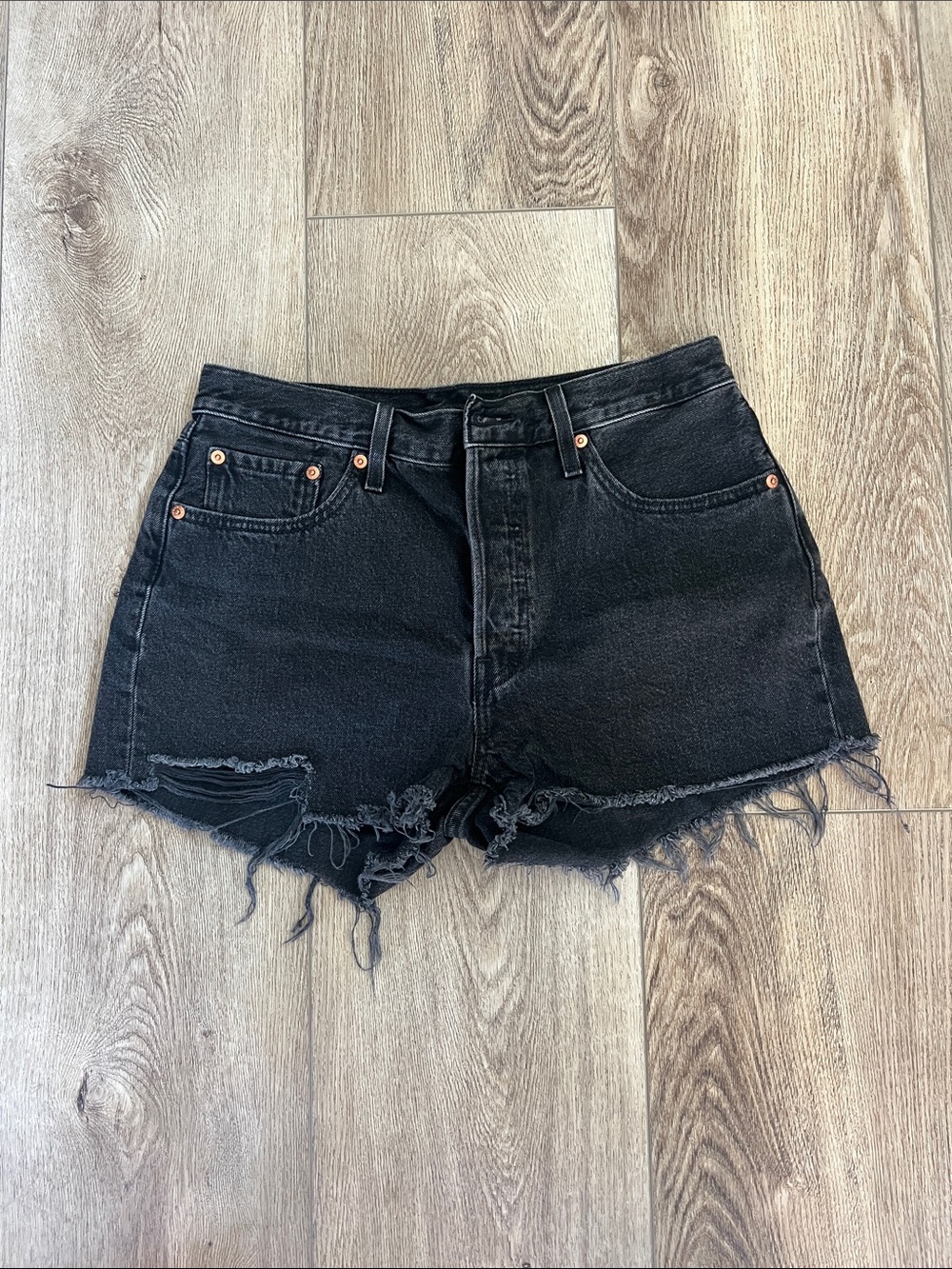 Levi's 501 Black Distressed Raw-Hem Denim Shorts